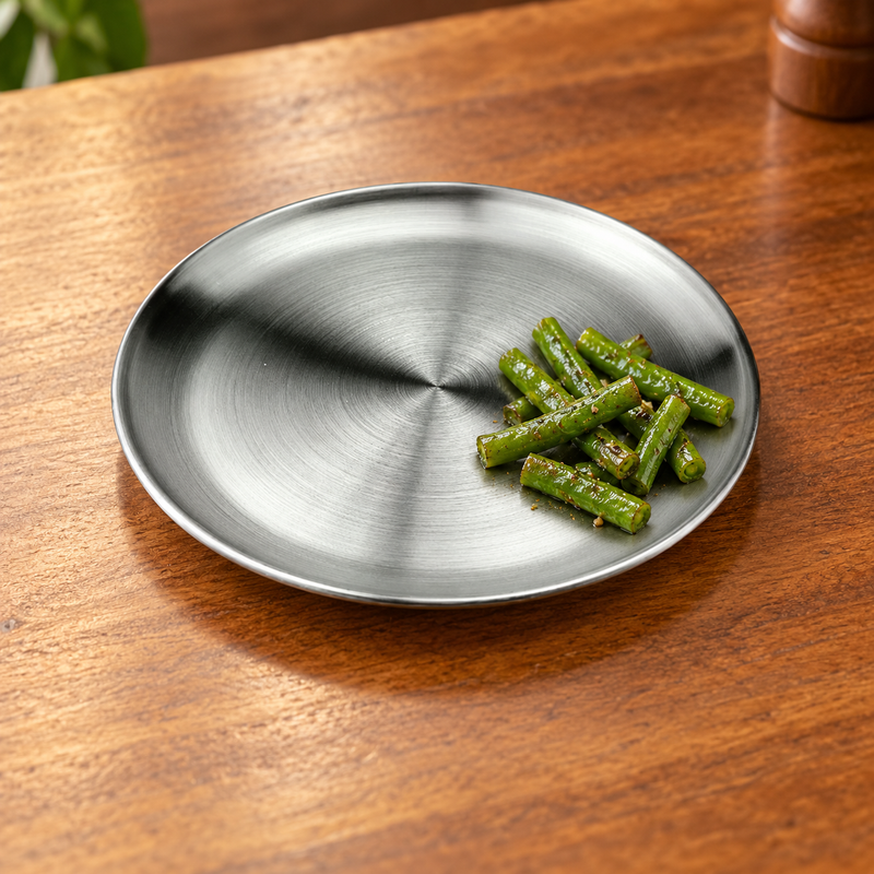 SS-RP-6 satin stainless steel plate with a small vegetable side