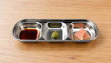 SS-SAP3-8 stainless steel 3-well sauce dish with small condiment portions
