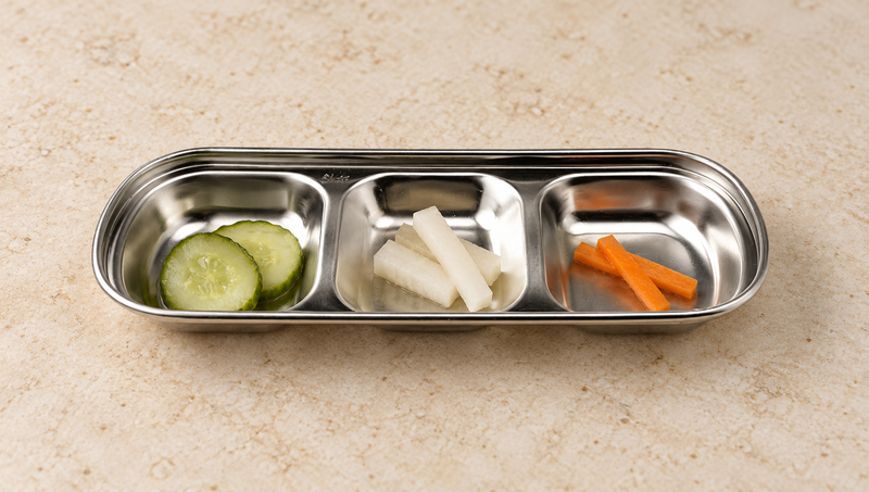 SS-SAP3-8 stainless steel 3-well sauce dish with small pickle portions