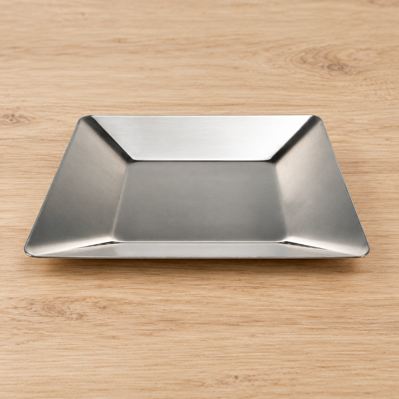 SS-SQP-6 satin stainless steel square plate on a dining table