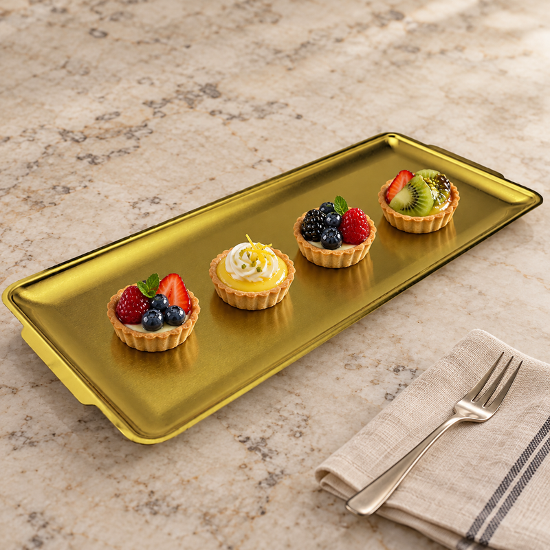 SSG-JQ-REP-16 gold stainless steel tray with four petite fruit tarts