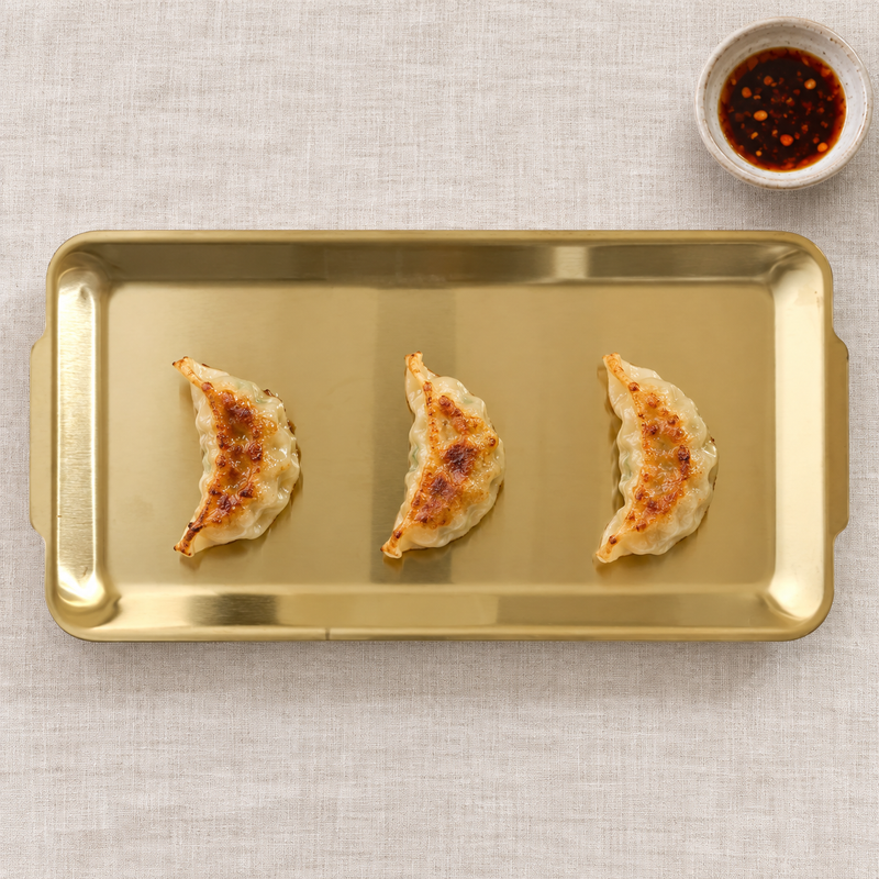 SSG-JQ-REP-8 gold stainless steel tray with three small gyoza