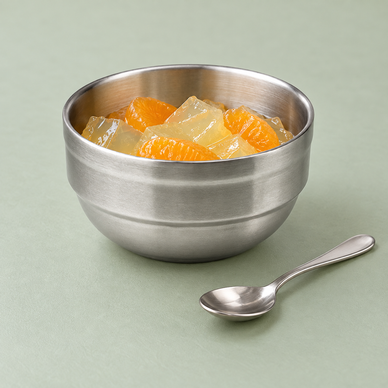 Satin steel dessert bowl with citrus segments and jelly pieces.