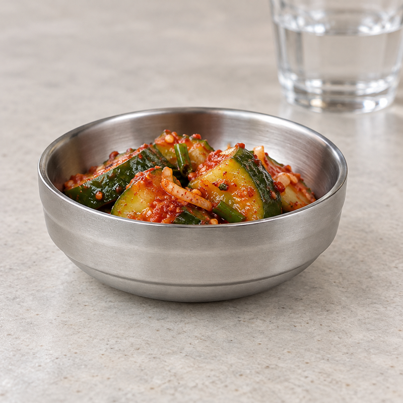 Small stainless steel bowl holding seasoned cucumber kimchi.