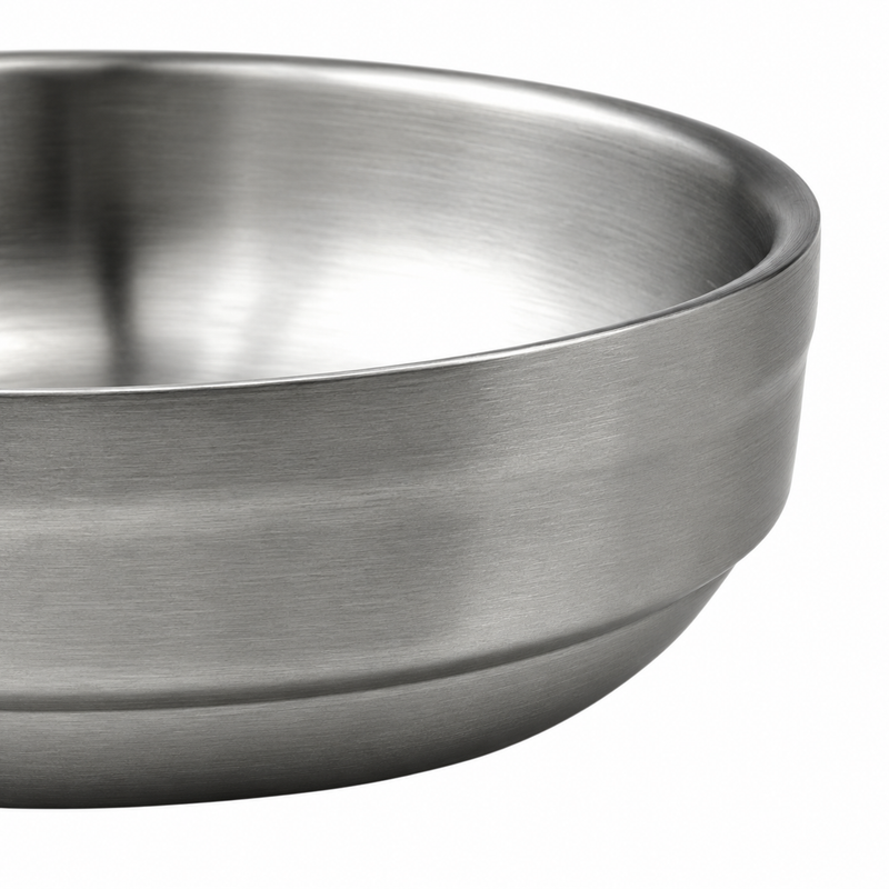Close-up of a satin stainless steel side bowl with a fine lower groove.