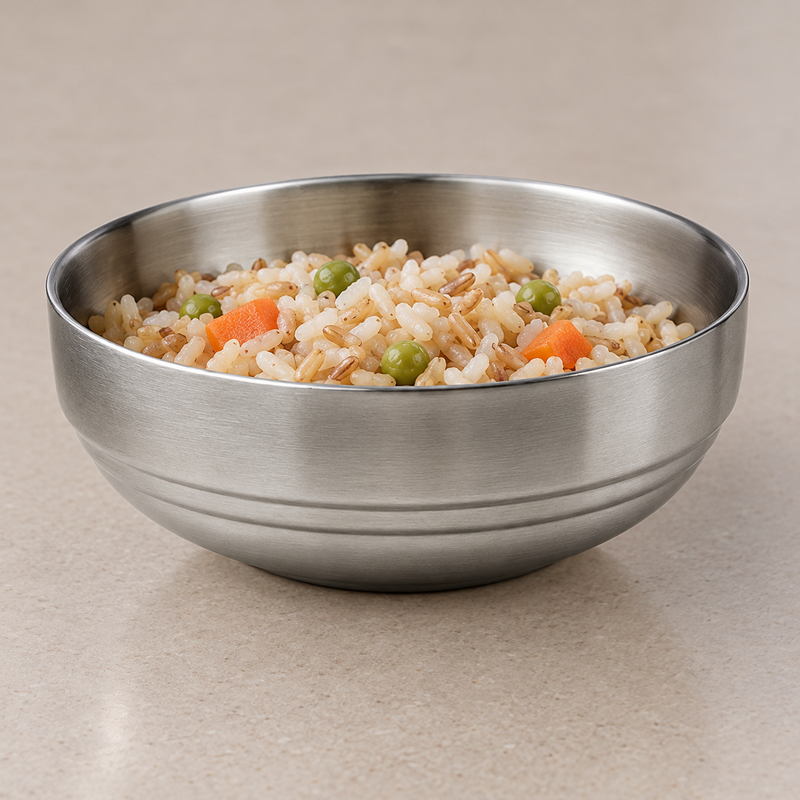 SS-RSB-4 stainless steel bowl serving rice and vegetables