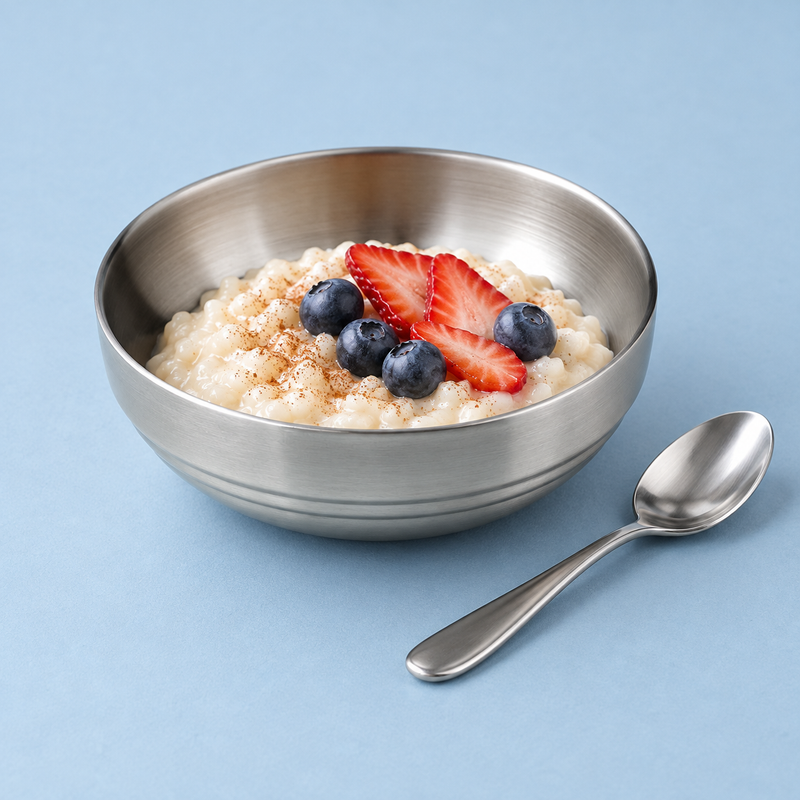 Satin steel bowl of rice pudding with strawberries and blueberries.