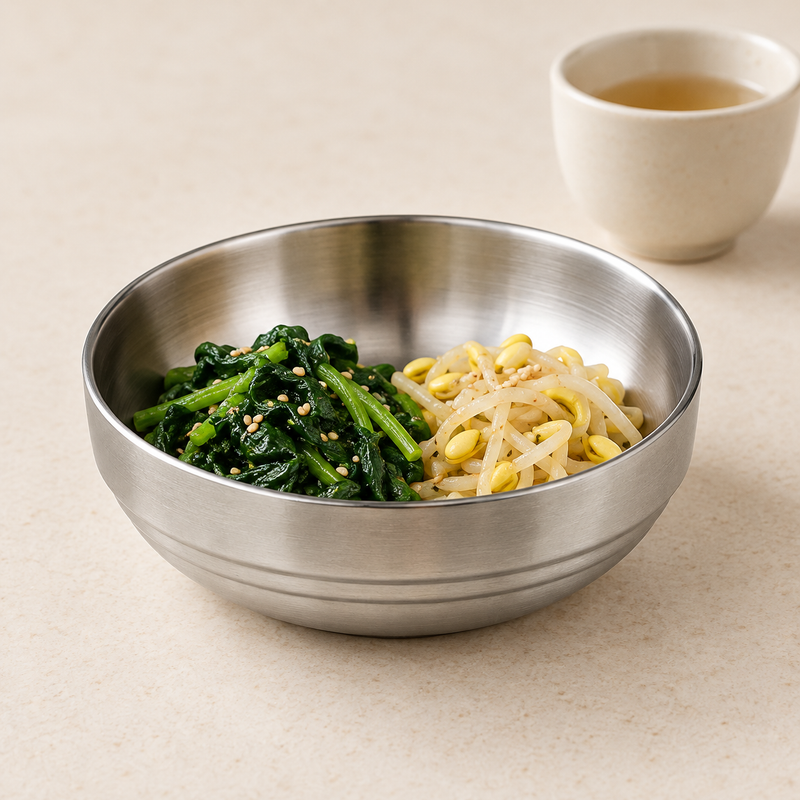 Shallow stainless steel bowl with spinach and seasoned bean sprouts.
