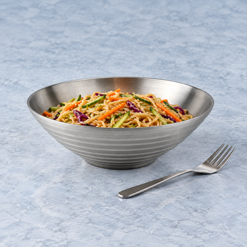 Ringed steel serving bowl with noodles and julienned vegetables.