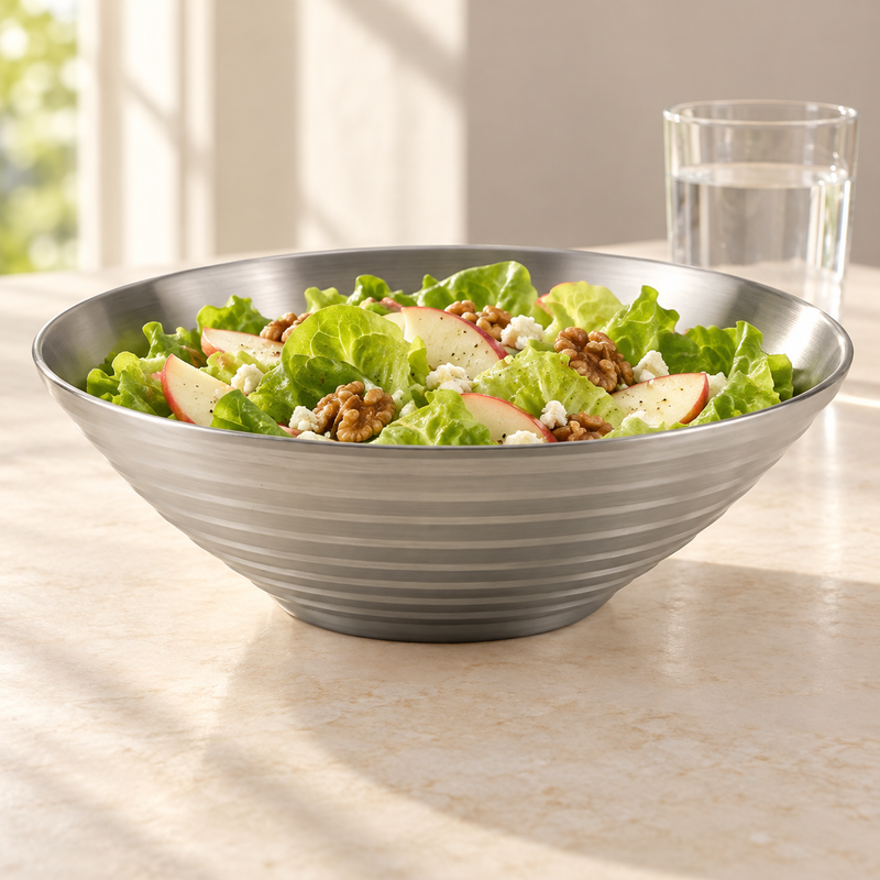 Large stainless steel bowl containing an apple, walnut and green salad.