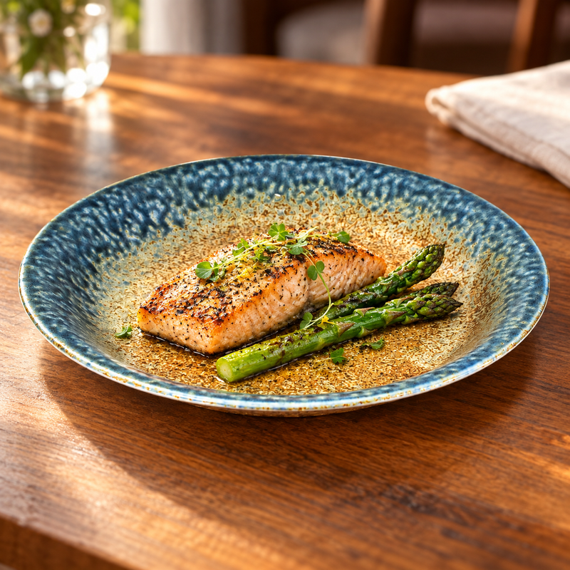 Grilled salmon and asparagus on the blue and brown 10½-inch porcelain plate