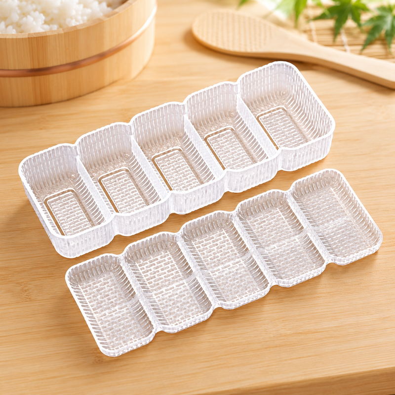 L-858E five-cavity transparent sushi mold and matching press beside rice preparation tools