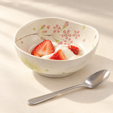 Japanese Spring Blossom Irregular Shape Ceramic Medium Bowl 4.25"D, Styled view
