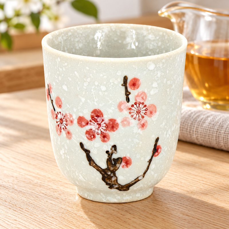 TC46 cherry blossom porcelain cup beside a separate tea server