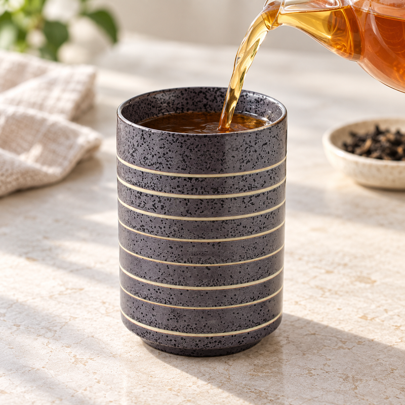TCC20 — tea poured into the tall striped cup