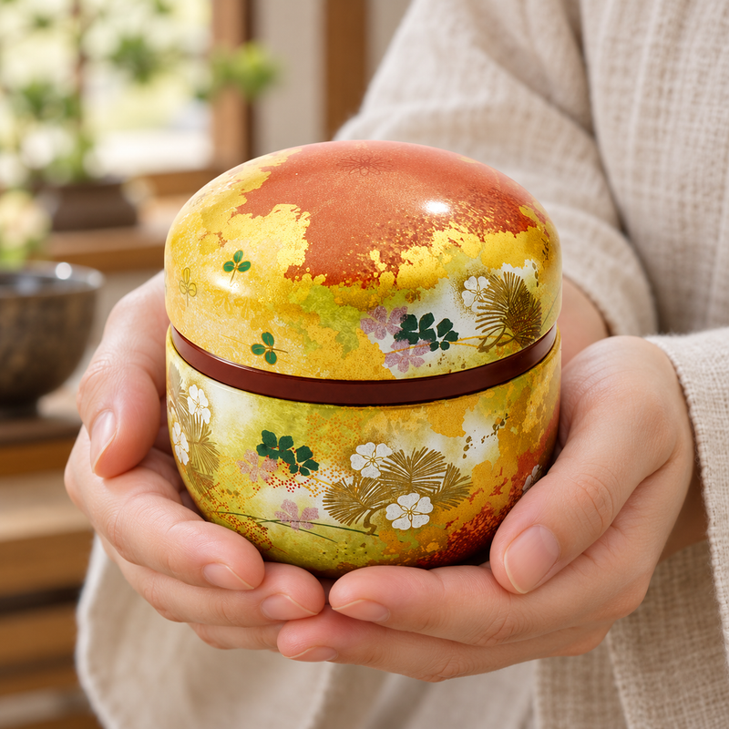 gold-and-orange botanical tea canister held during a storage routine