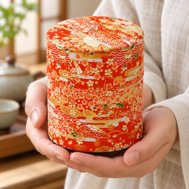 red-and-gold floral tea canister held during a storage routine