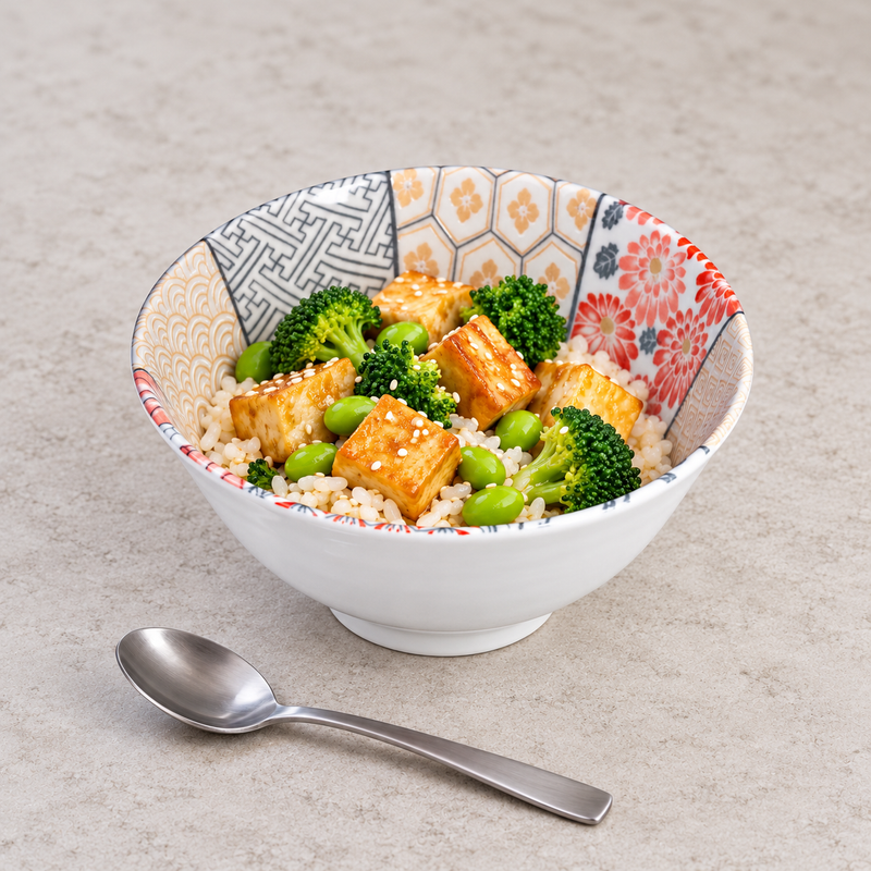 Coral floral ceramic bowl holding rice, green vegetables and golden-colored toppings, with a metal spoon alongside.