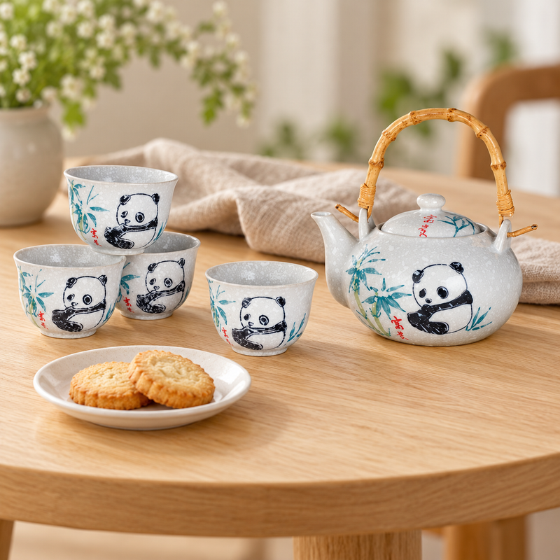 TPS109 closed panda teapot and four matching cups beside separate biscuits and linen