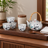 TPS109 closed panda teapot and four matching cups on a separate tea-station tray with caddy, scoop and towel