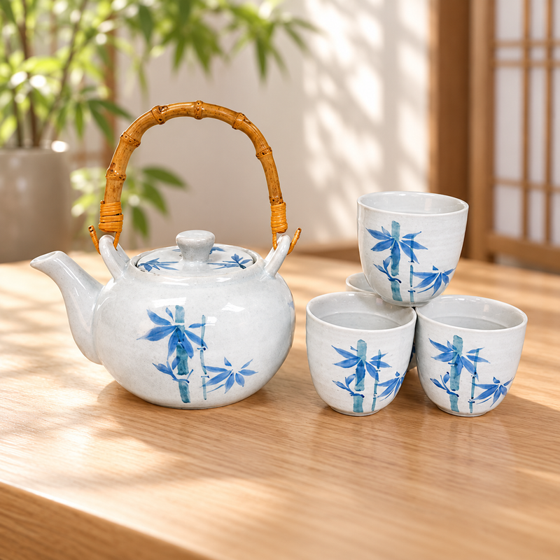 TPS123 blue bamboo teapot and four cups on a tea table