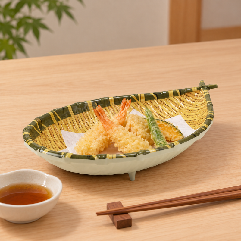 10⅜″ Bamboo-Pattern Melamine Drop-Shaped Tempura Plate — a shared tempura arrangement