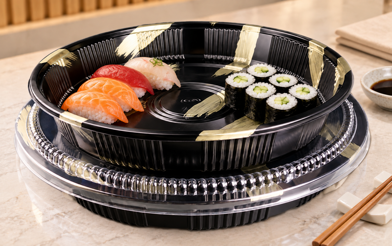 HP-63 Gold Brush party tray and lid — sushi serving example