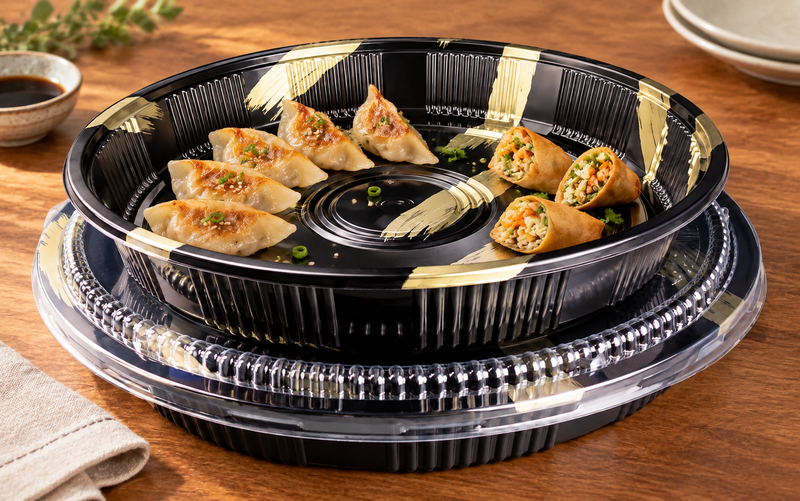 HP-64 Gold Brush party tray and lid — small appetizer serving example