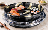 HP-64 Gold Brush party tray and lid — sushi serving example