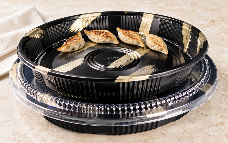 HP-65 Gold Brush party tray and lid — small appetizer serving example