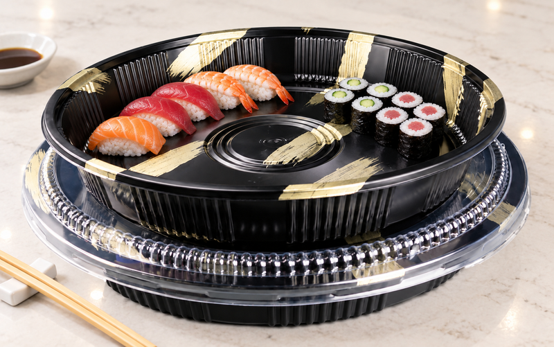 HP-65 Gold Brush party tray and lid — sushi serving example