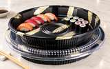 HP-65 Gold Brush party tray and lid — sushi serving example