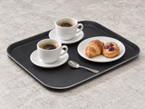 TRH-1418K black serving tray with coffee cups and pastries