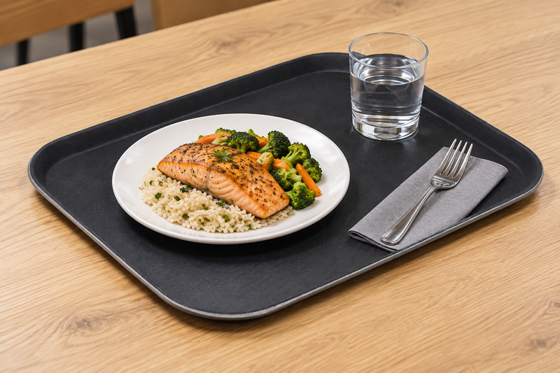 TRH-1418K black rectangular tray with a plated salmon meal, water and a fork