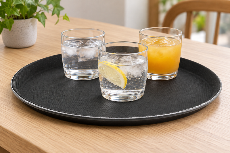 TRH-14K round black tray with three glasses of water and juice