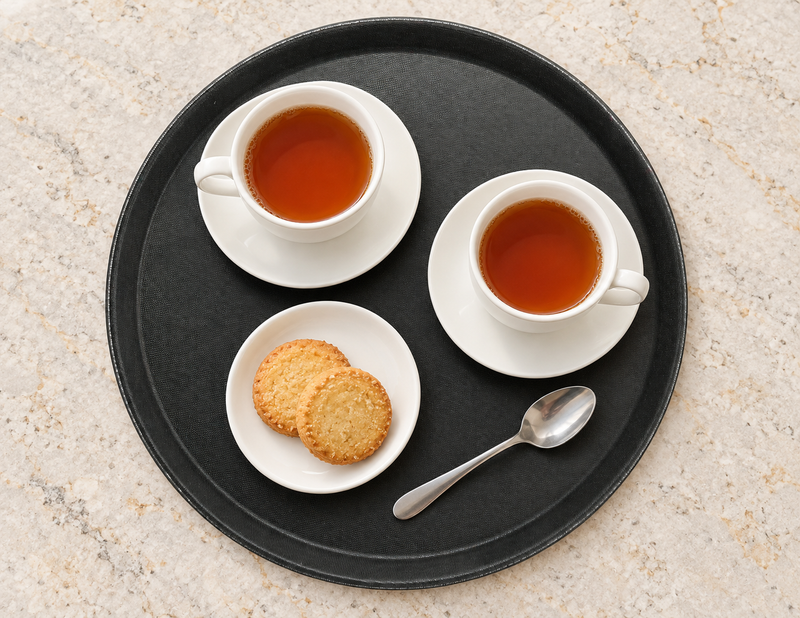TRH-14K round tray with two tea cups and a small biscuit dish