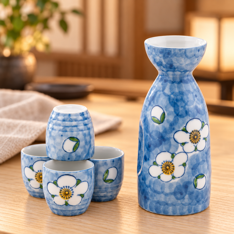 TSS74 floral sake bottle and four cups in a restaurant tabletop setting