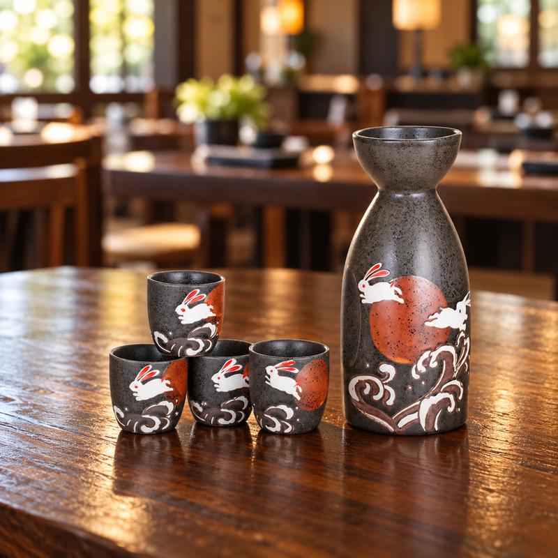TSS79 rabbit and moon ceramic sake bottle with four matching cups on a wooden restaurant table