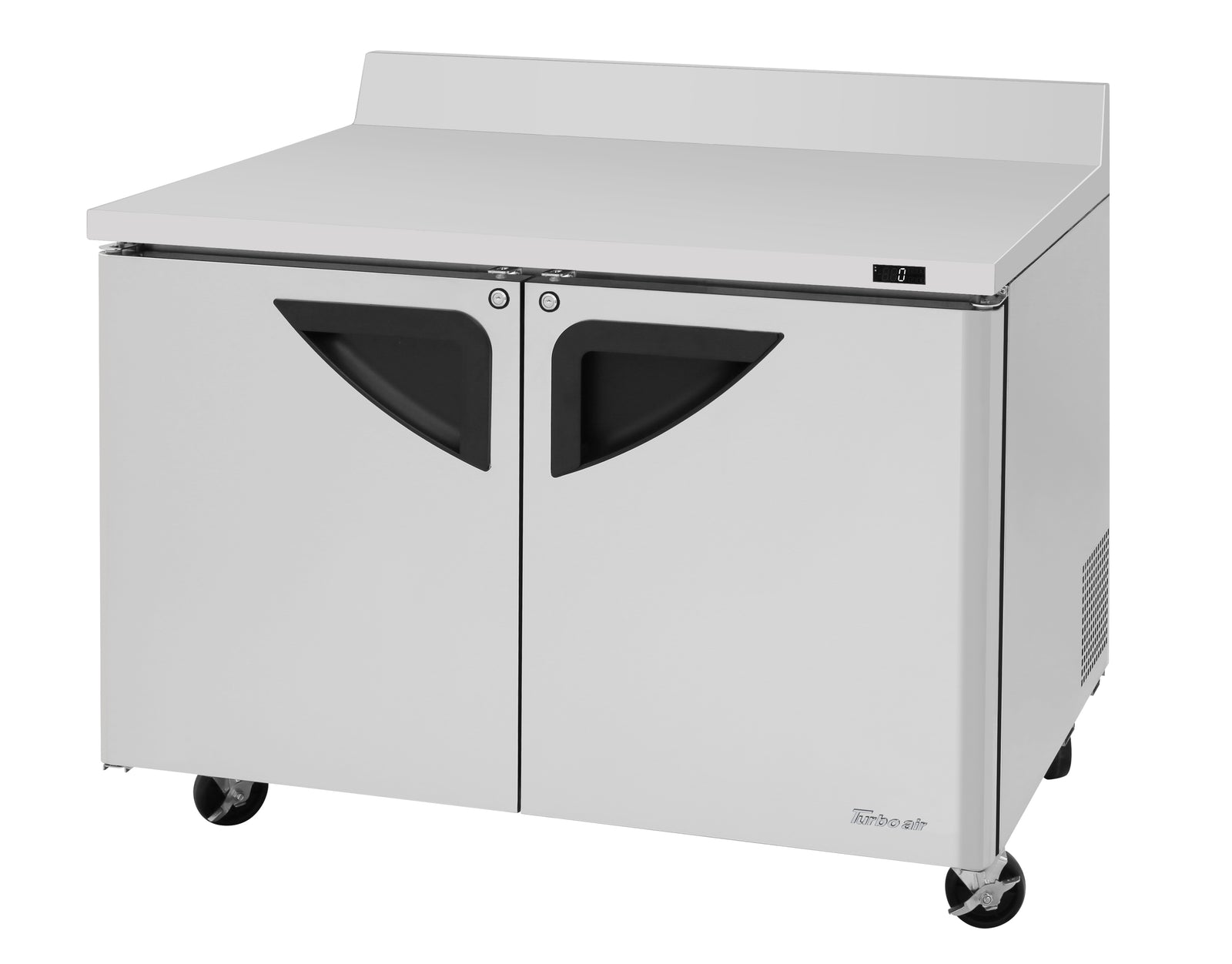 Turbo Air TWF-48SD-N two-door worktop freezer, original manufacturer three-quarter view with 0-degree display and door locks.