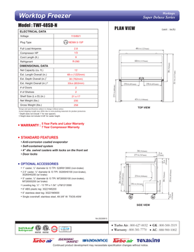 Turbo Air TWF-48SD-N original top and side plan views with freezer dimensions and utility data, specification sheet page 2.