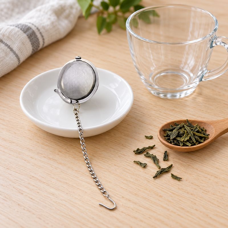 Closed V318 mesh tea ball and its attached chain on a separate white dish beside an empty glass cup and loose tea
