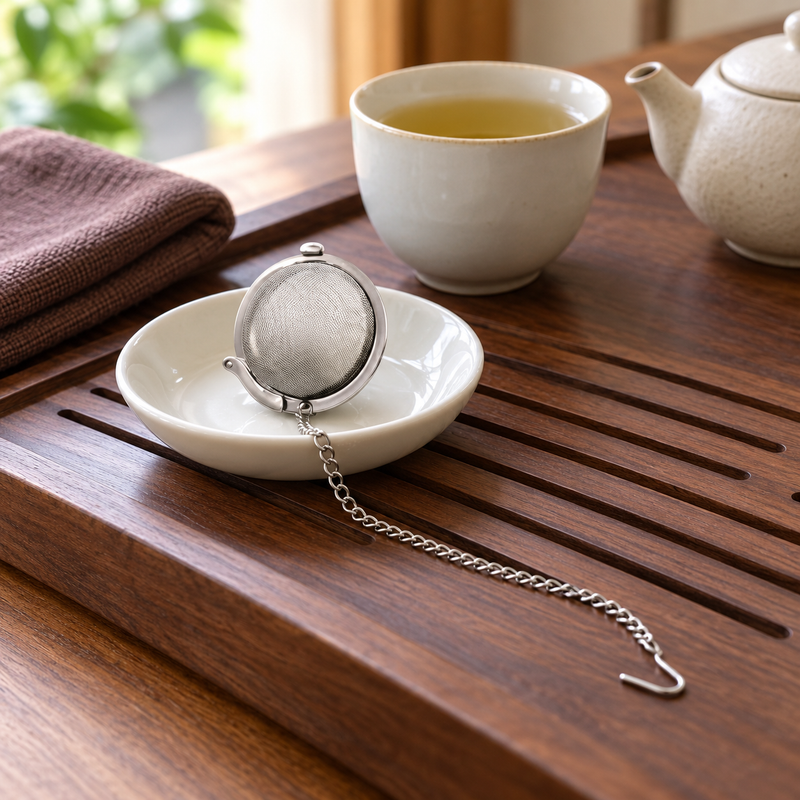 Closed V318 tea ball and attached chain resting on a separate dish beside a cup of brewed tea
