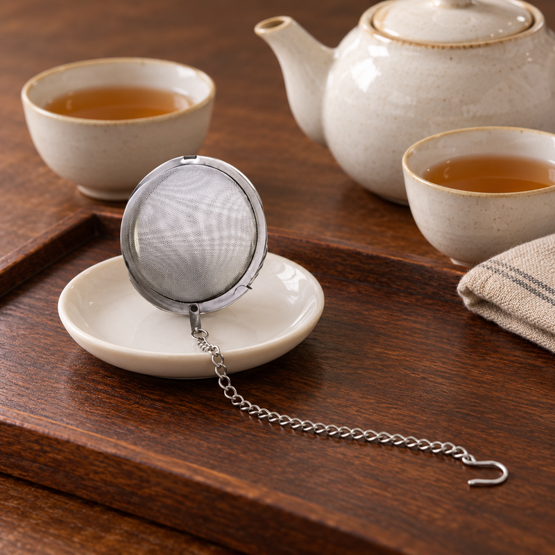 Closed V320 2.5-inch mesh tea ball and full chain resting on a separate dish beside a teapot and two cups of tea