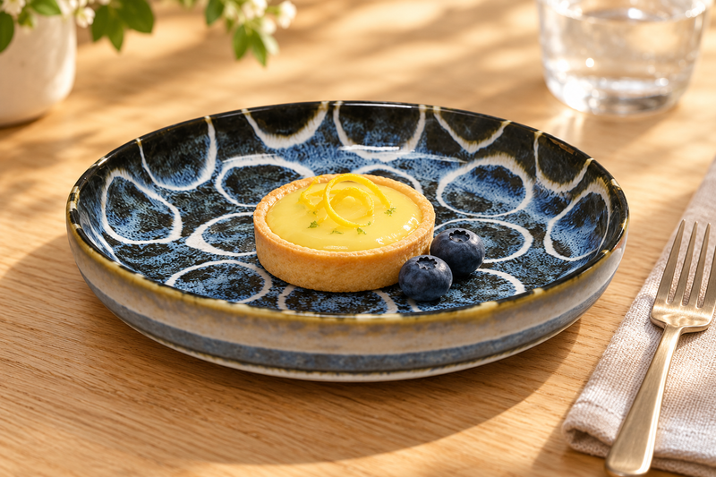 WA278-BC blue ring-pattern ceramic plate with a petite lemon tart and blueberries, serving suggestion