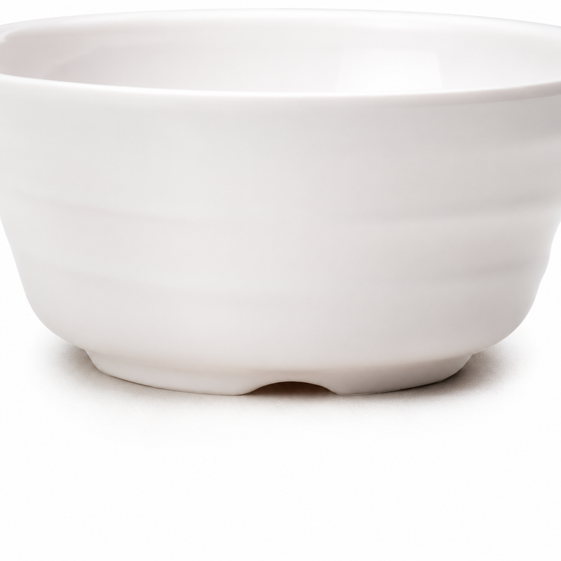 Close view of the WB-N42 white melamine dessert bowl showing its horizontal exterior bands.