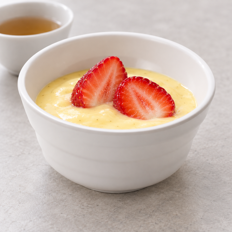 The WB-N42 white melamine dessert bowl holding yellow custard topped with strawberry slices.