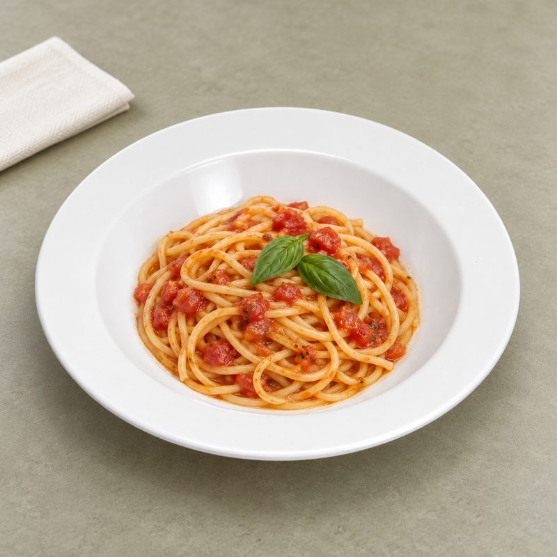 Melamine Pasta Plate Deep 9.4", White. Serving suggestion.