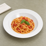Melamine Pasta Plate Deep 9.4", White. Serving suggestion.