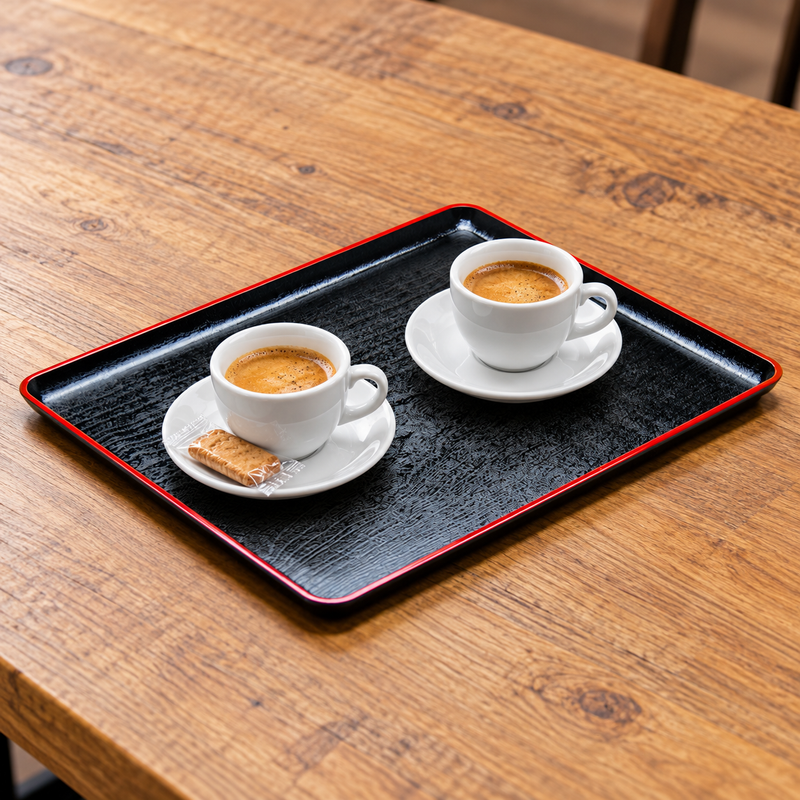 WB1517 black and red lacquer serving tray with two cups of coffee on saucers