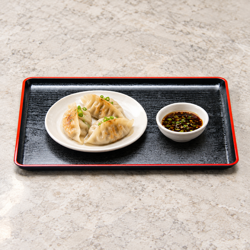 WB1517 black and red lacquer serving tray with dumplings and dipping sauce in separate dishes
